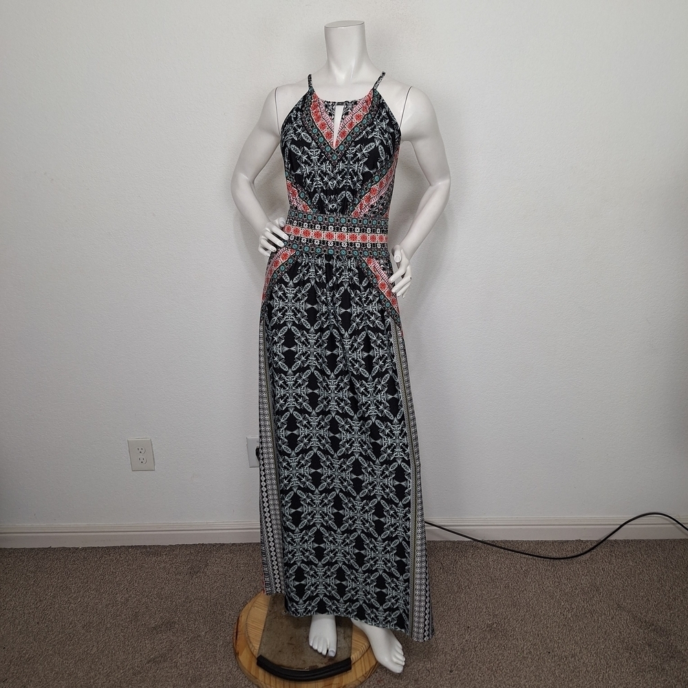 B. Calm Black Muti Keyhole Floral Boho Romantic Halter Neck Maxi Dress Size XL